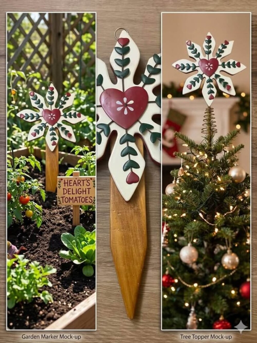 Country Folk Art Wooden Snowflake & Heart Dual-Purpose Garden Stake/Tree Topper